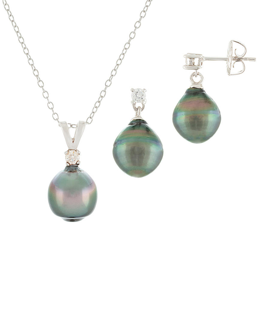 Shop Splendid Pearls Silver 9-10mm Tahitian Pearl Earrings & Necklace Set