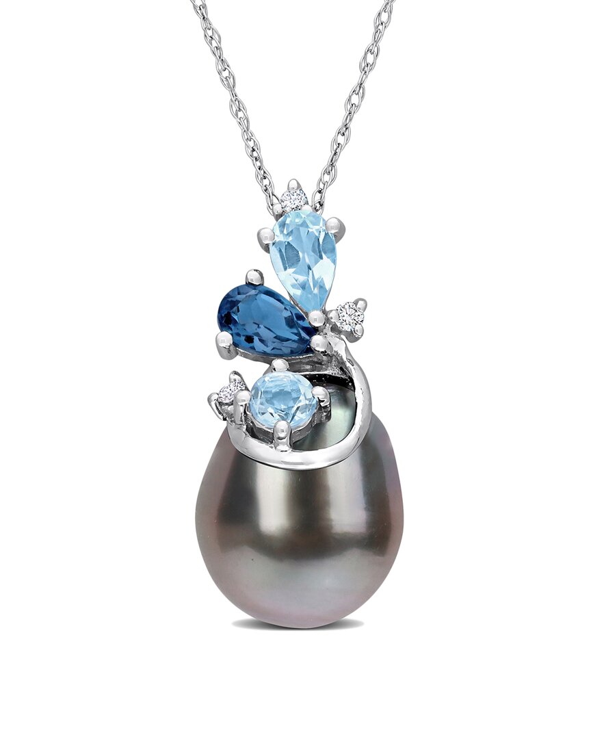 Rina Limor Contemporary Pearls 14k 0.66 Ct. Tw. Diamond & Topaz 9-10mm Pearl Pendant Necklace