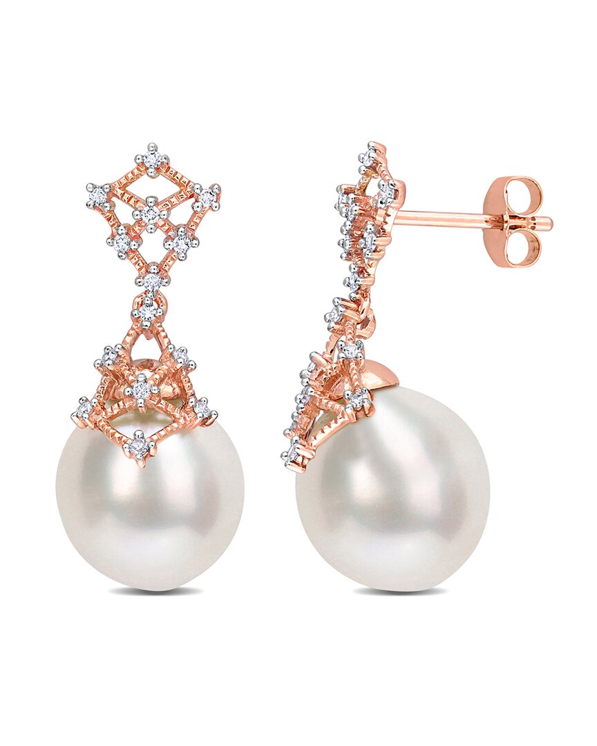 Rina Limor Contemporary Pearls 14k Rose Gold 0.14 Ct. Tw. Diamond 9-10mm Pearl Filigree Drop Earrings