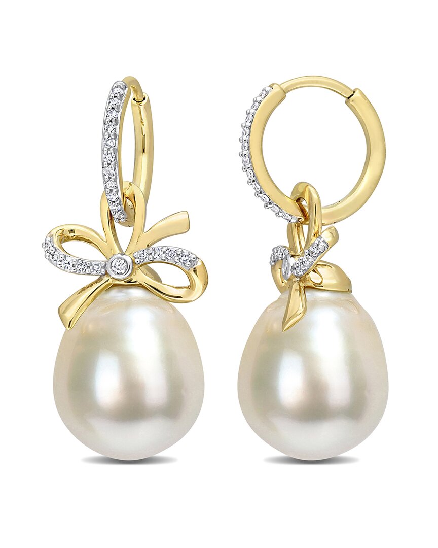 Rina Limor Contemporary Pearls 14k 0.22 Ct. Tw. Diamond 12-12.5mm Pearl Bow Huggie Earrings