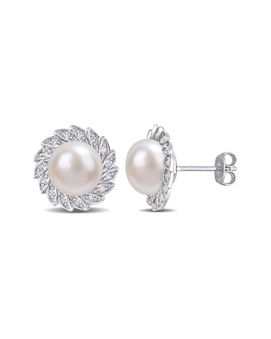 Rina Limor Silver 0.30 Ct. Tw. White Sapphire 9.5-10mm Pearl Earrings