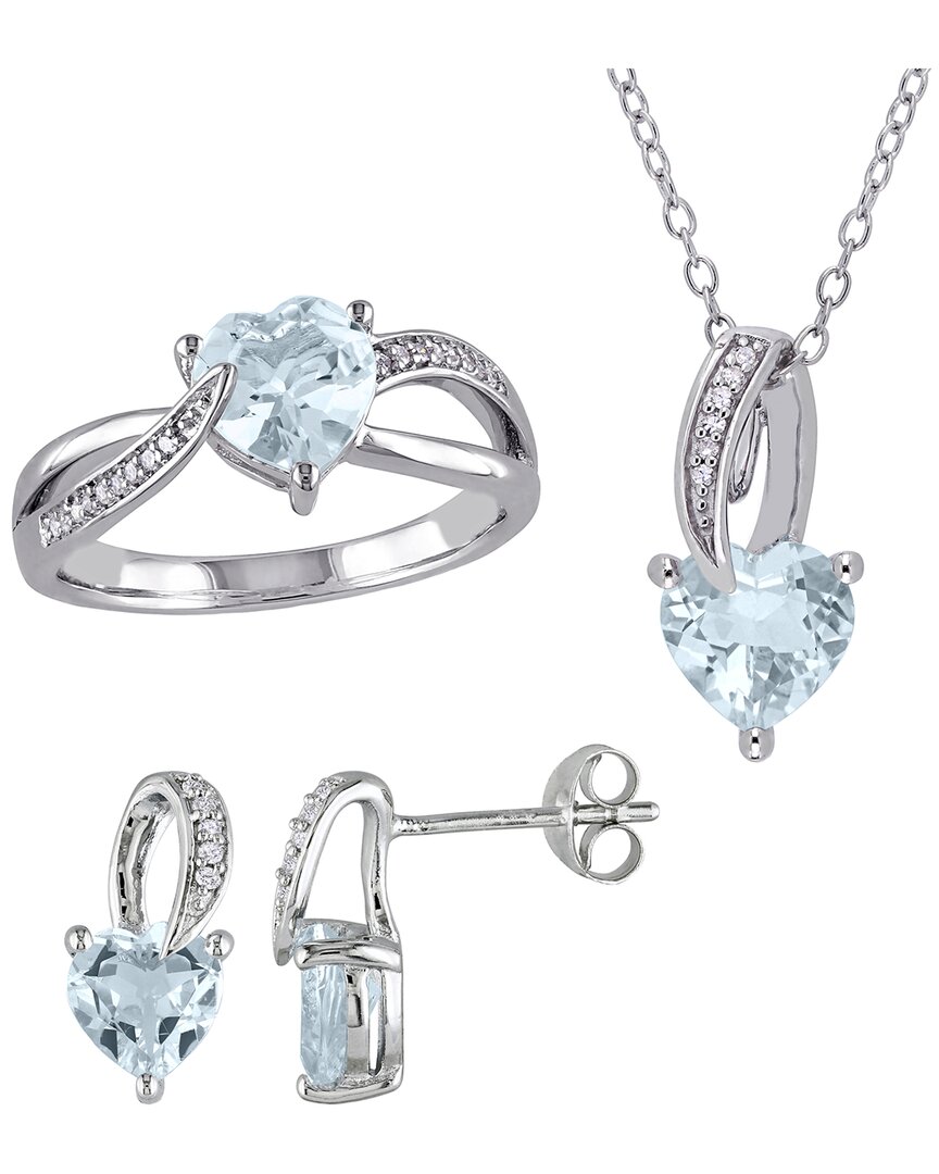 Rina Limor Silver 4.40 Ct. Tw. Diamond & Aquamarine Heart Jewelry Set