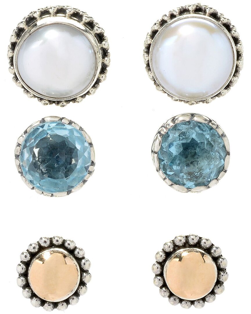 Samuel B. Silver 1.40 Ct. Tw. Blue Topaz 7mm Pearl Set Of 3 Studs ...