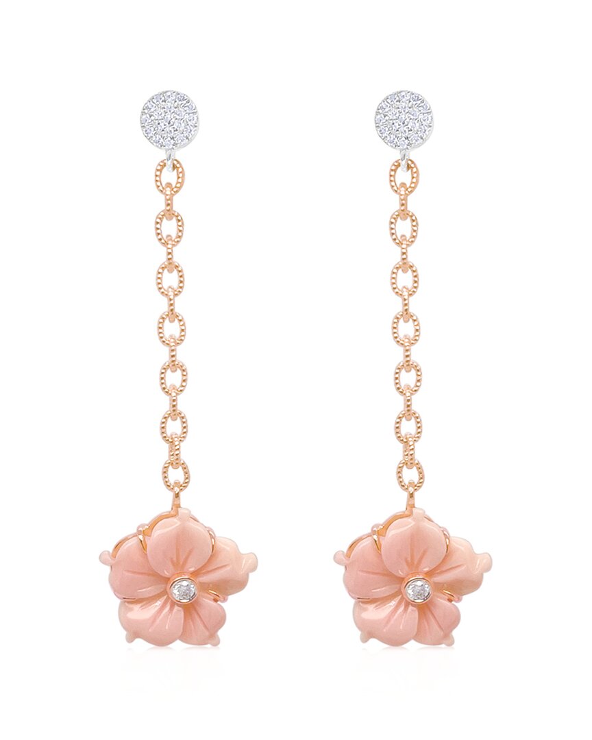 Meira T Rose Gold Pink Shell Flower Diamond Earrings In Pink