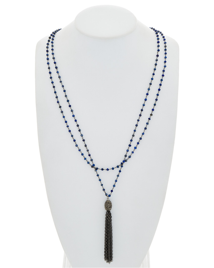 Rachel Reinhardt Silver Blue Lapis & Crystal Tassel Necklace