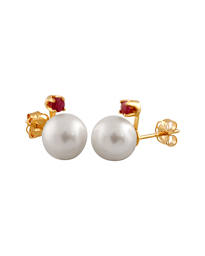 Splendid Pearls 14k 0.10 Ct. Tw. Ruby & 7-7.5mm Akoya Pearl Earrings