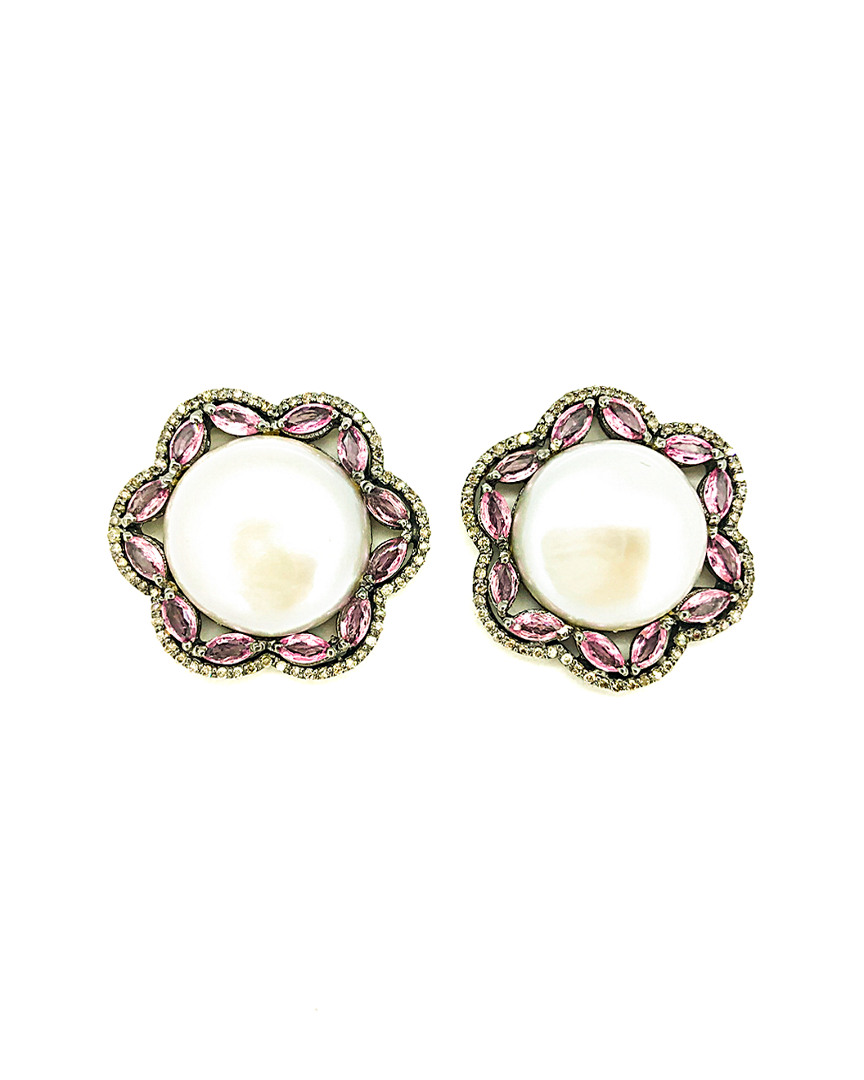 Arthur Marder Fine Jewelry Silver 4.18 Ct. Tw. Diamond, Pink Sapphire, & 16mm Pearl Earrings