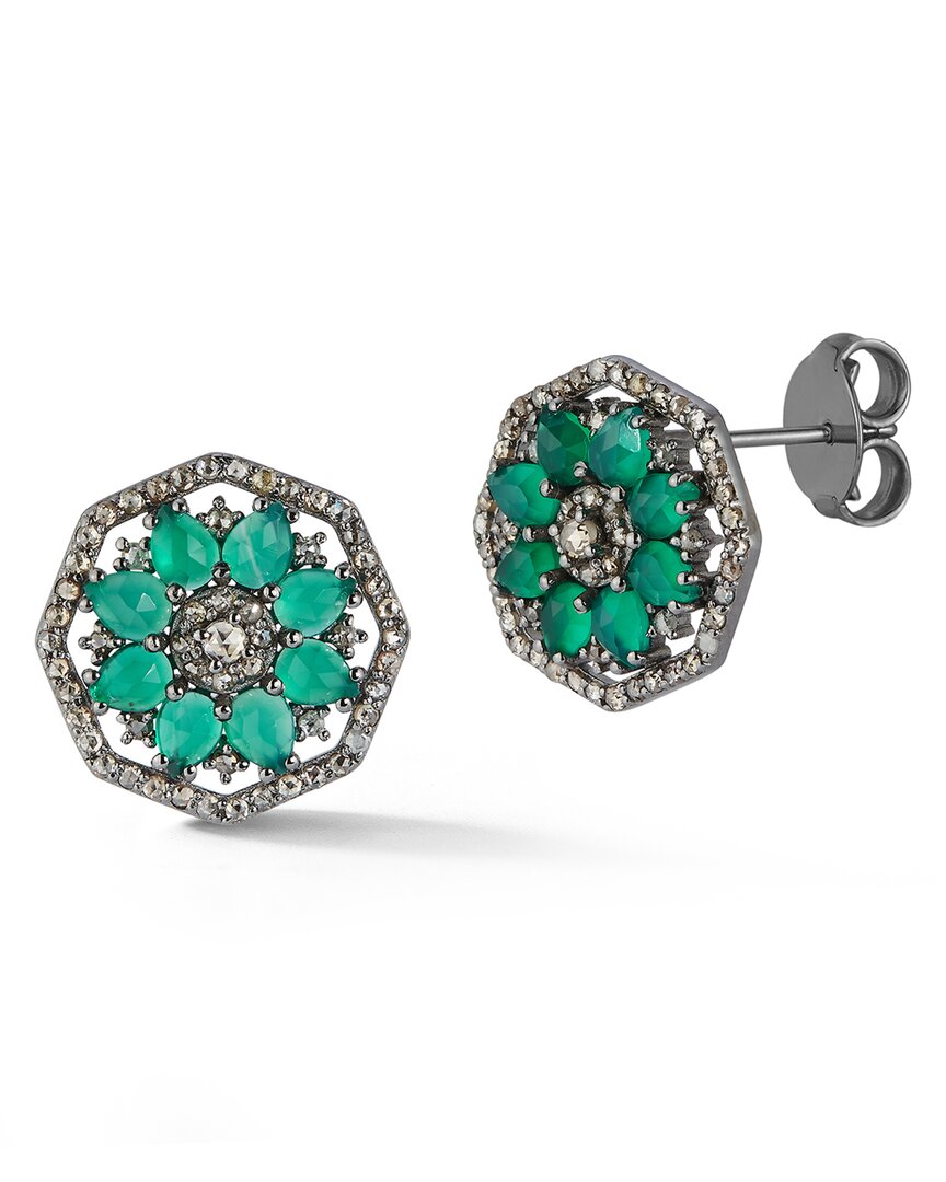 Banji Jewelry Silver 3.50 Ct. Tw. Diamond & Green Onyx Statement Studs