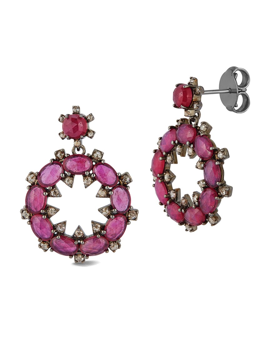 Banji Jewelry Silver 0.98 Ct. Tw. Diamond & Glass Filled Ruby Drop Earrings In Pink
