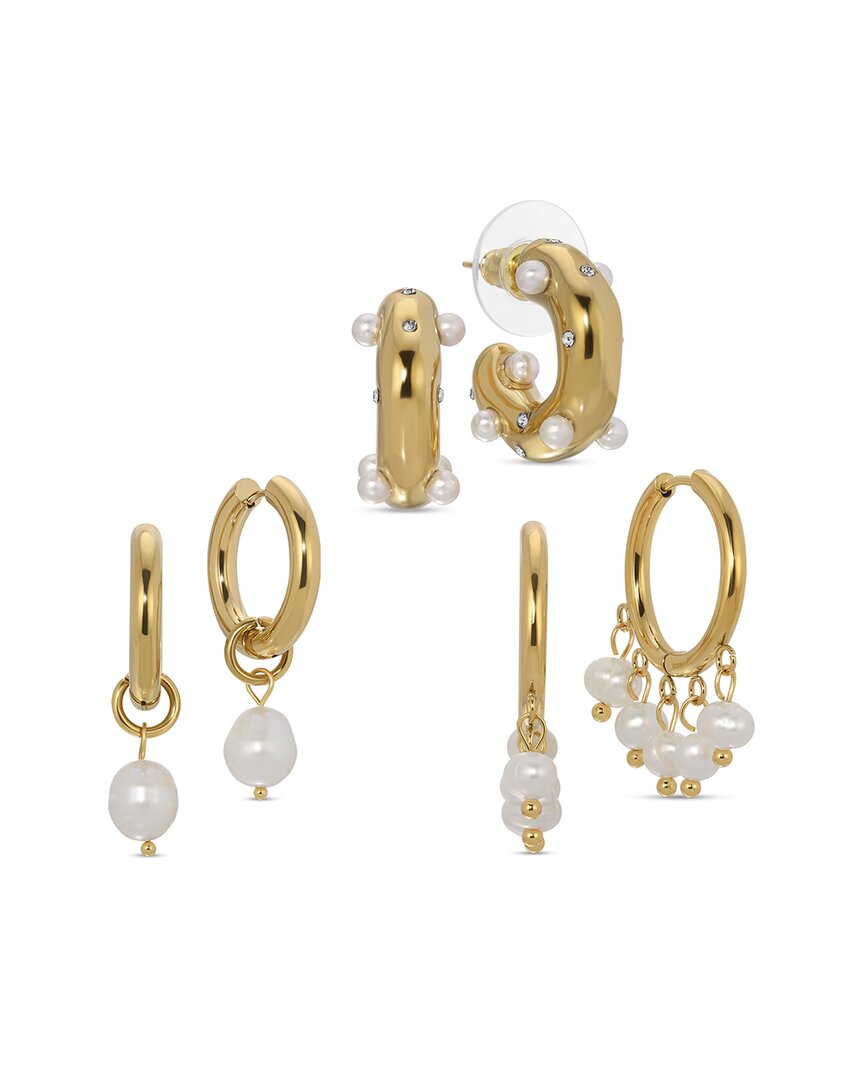 Eye Candy La Women's The Luxe Selma 3-piece Goldtone & Shell Pearl Hoop Earrings Set