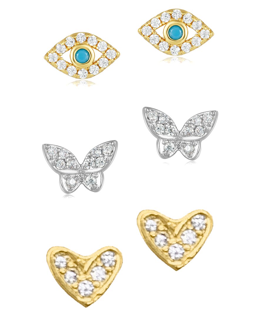 Adornia 14k Plated Heart Evil Eye & Butterfly Studs In Gold