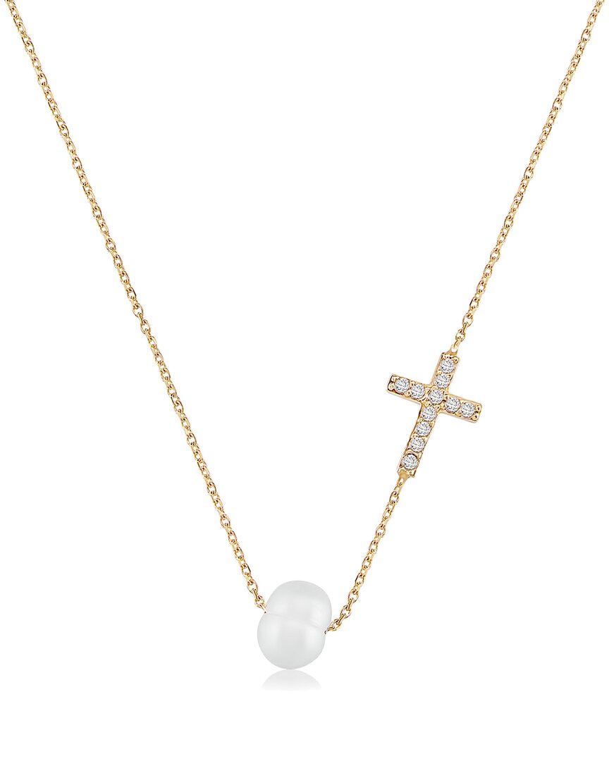 Gabi Rielle Love In Bloom 14k Over Silver 5mm Pearl Cz Cross Pendant Necklace