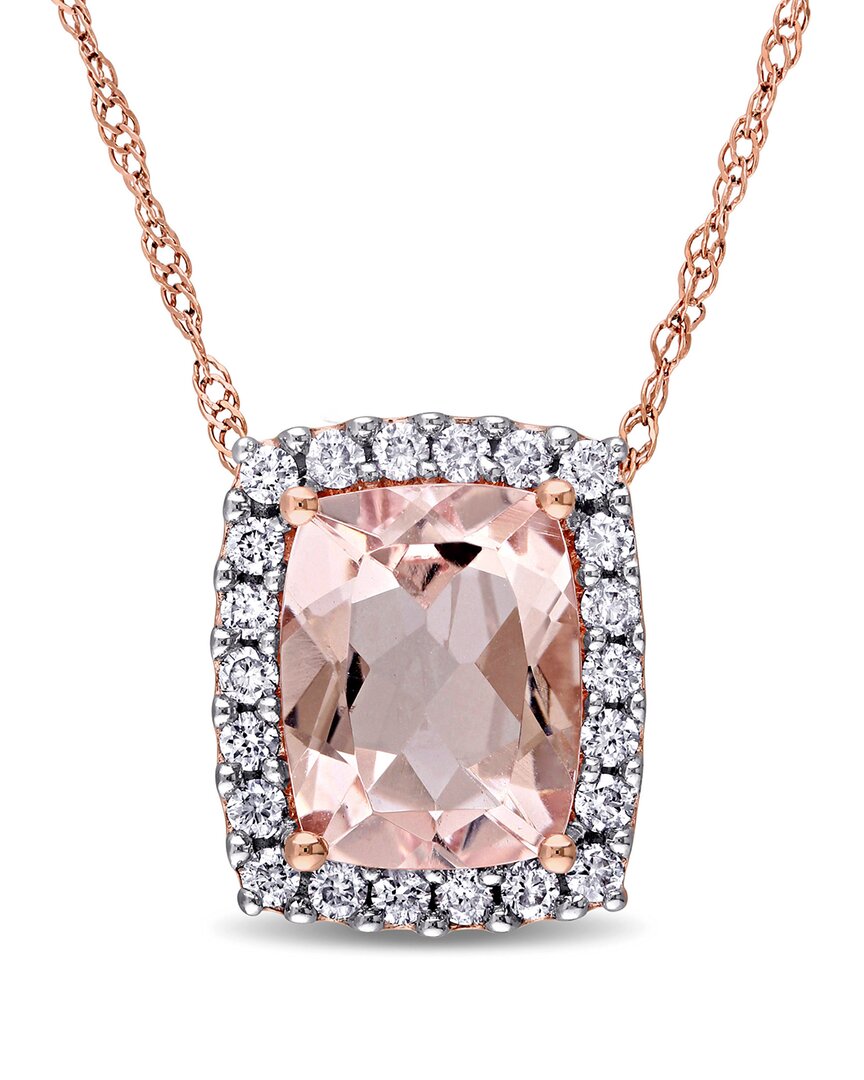Rina Limor 14k Rose Gold 2.01 Ct. Tw. Diamond & Morganite Rectangle Halo Pendant Necklace