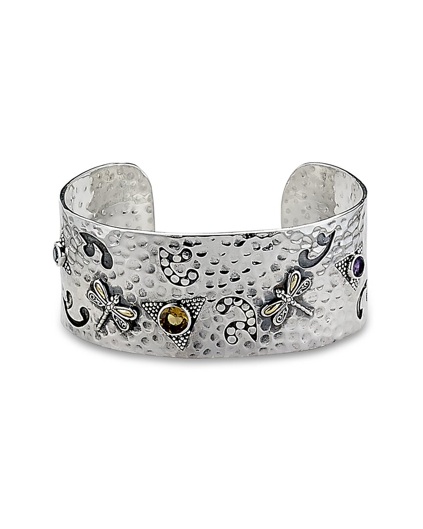 SAMUEL B. SAMUEL B. 18K OVER SILVER 3.10 CT. TW. GEMSTONE HAMMERED DRAGONFLY BANGLE BRACELET