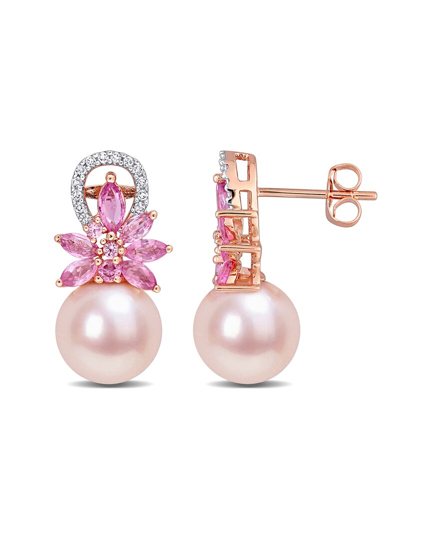 Rina Limor 14k Rose Gold 2.02 Ct. Tw. Diamond & Pink Sapphire 9-9.5mm Pearl Flower Drop Earrings