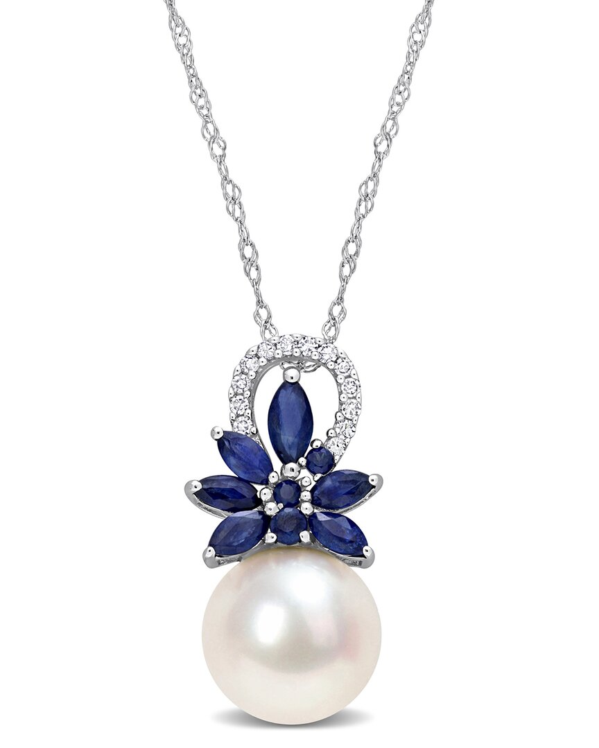 Rina Limor 14k 0.90 Ct. Tw. Diamond & Sapphire 9.5-10mm Pearl Flower Pendant Necklace