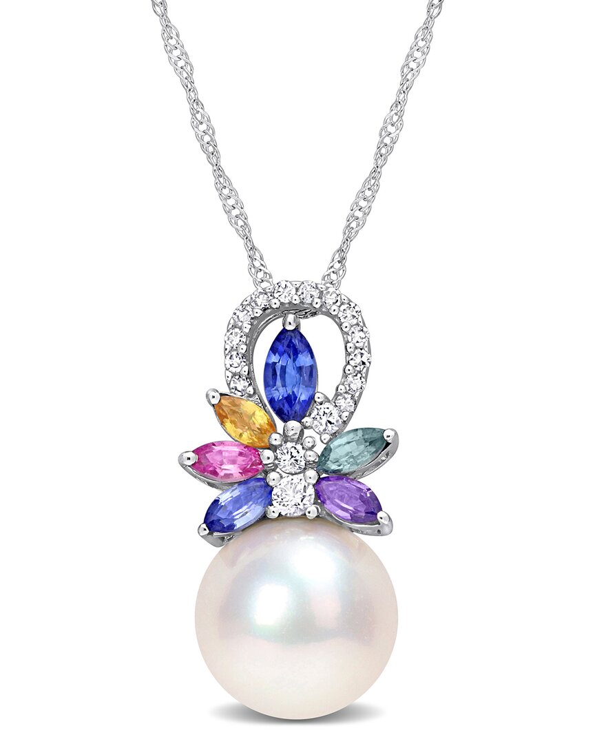 Rina Limor 14k 0.92 Ct. Tw. Diamond & Sapphire 9.5-10mm Pearl Flower Pendant Necklace