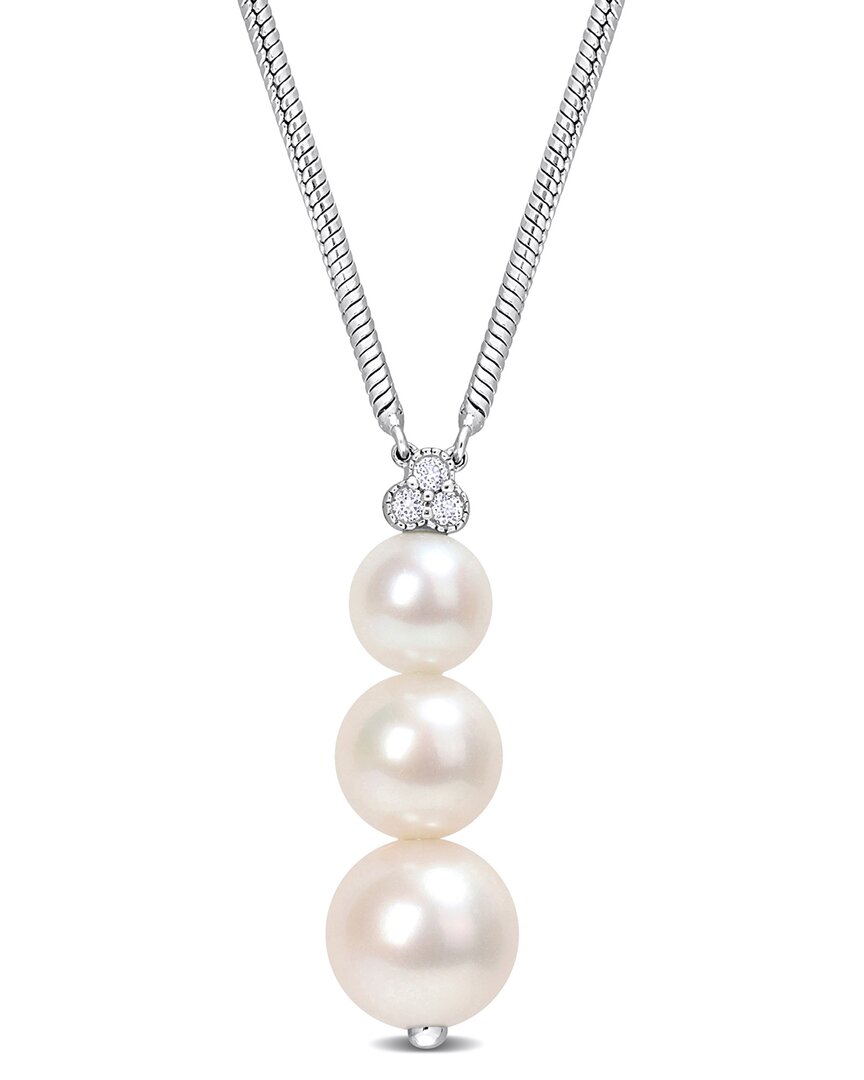 Rina Limor Silver White Topaz 6-8.5mm Pearl Graduated Pendant Necklace