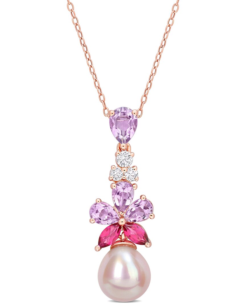 Rina Limor 18k Rose Gold Over Silver 2.46 Ct. Tw. Gemstone 9.5-10mm Pearl Floral Drop Pendant