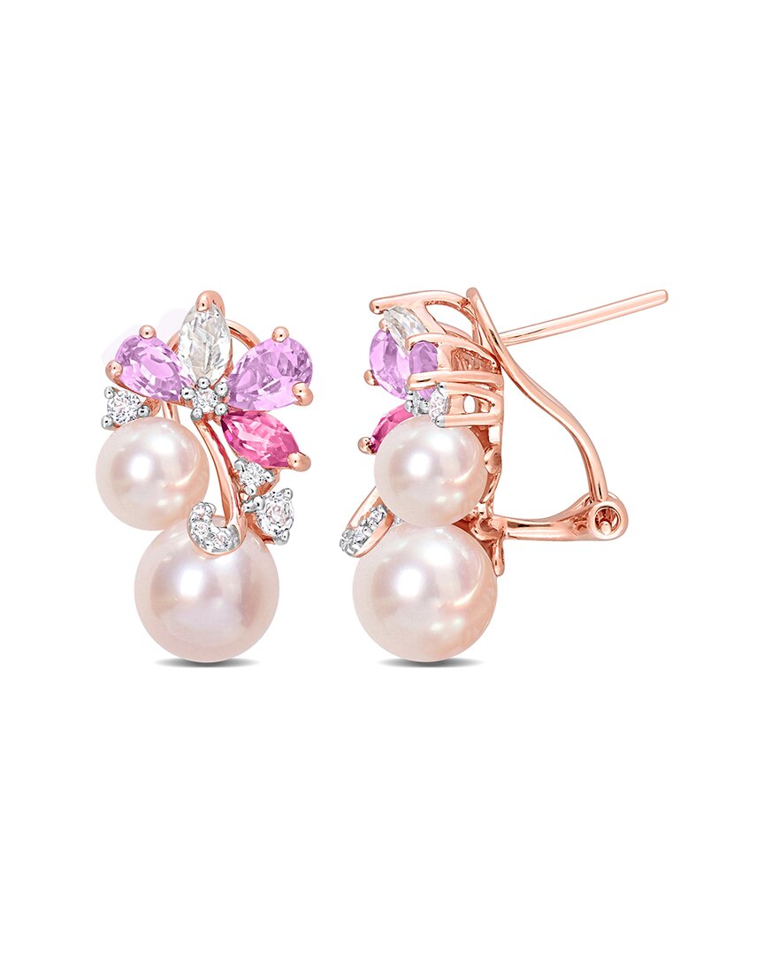 Rina Limor Rose Gold Over Silver 2.46 Ct. Tw. Gemstone 6-8.5mm Pearl Rose Earrings In Pink