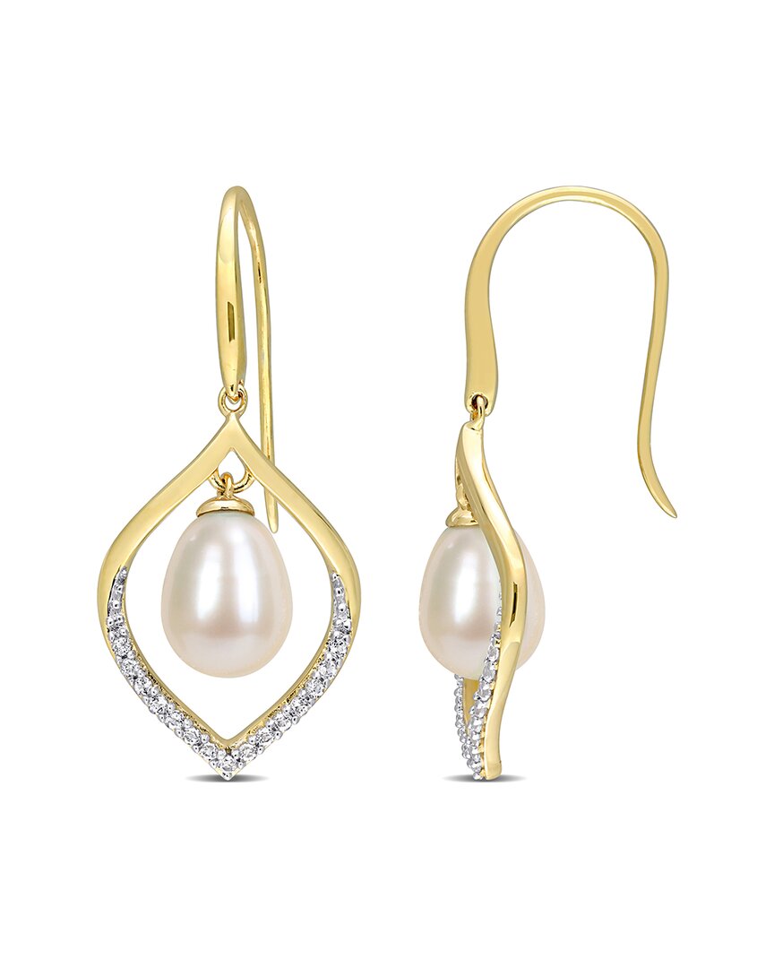 Rina Limor Gold Over Silver 0.30 Ct. Tw. White Topaz 8-8.5mm Pearl Earrings