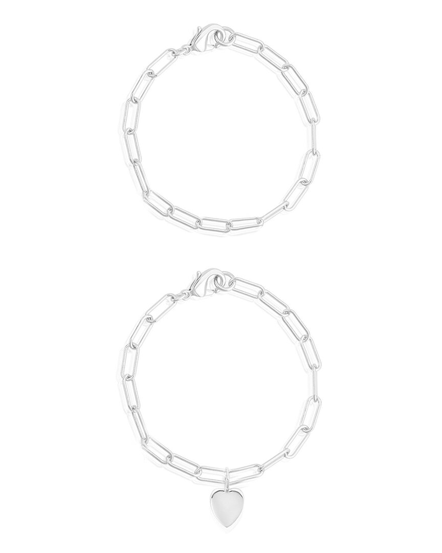 Adornia Tarnish Resistant Silver Plated Heart Paper Clip Chain Bracelet Set