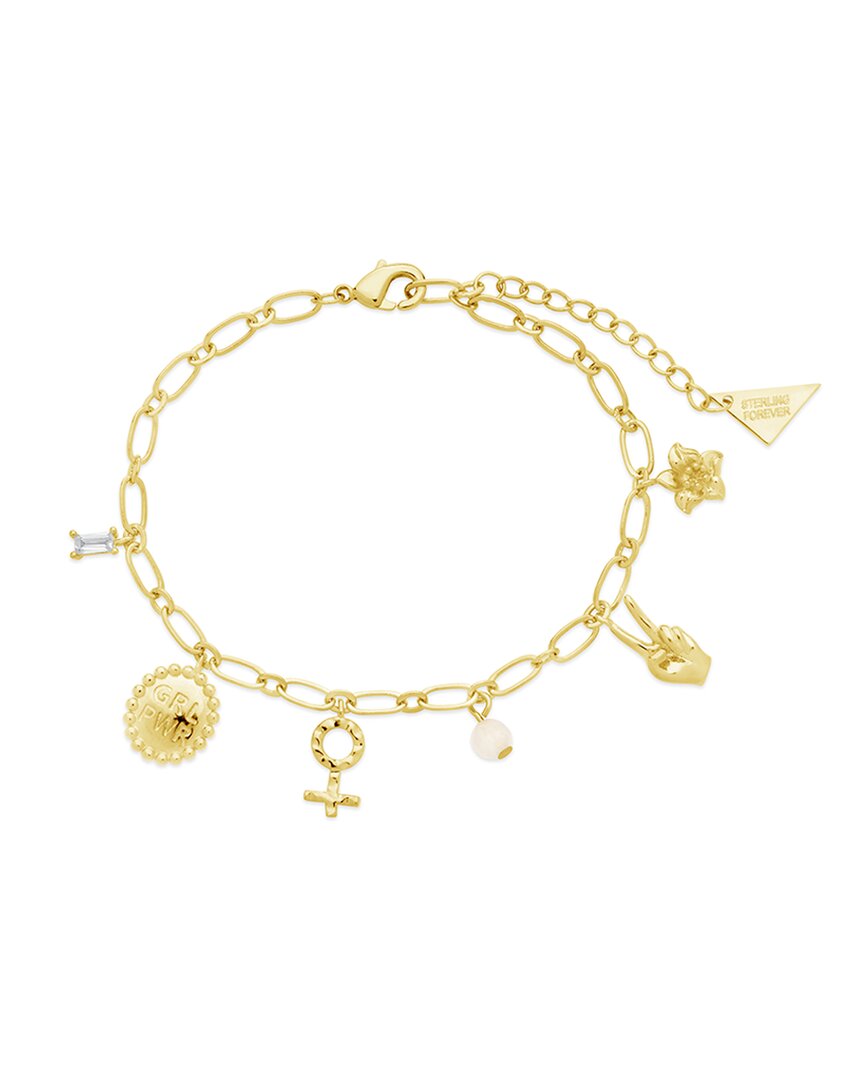 Sterling Forever 14k Plated Cz Louisa & Stone Charm Bracelet