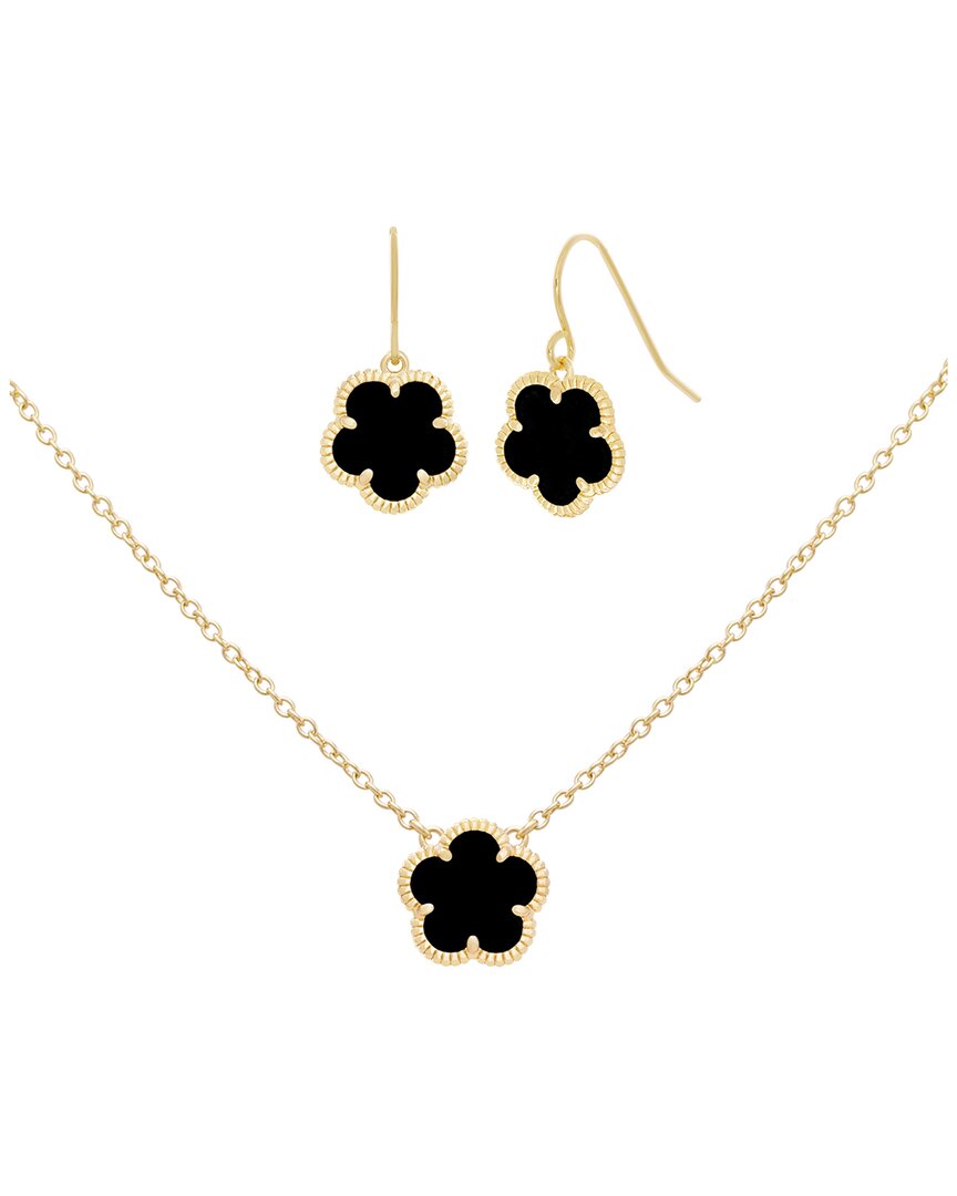 Jankuo Flower 14k Onyx Earrings & Necklace Set
