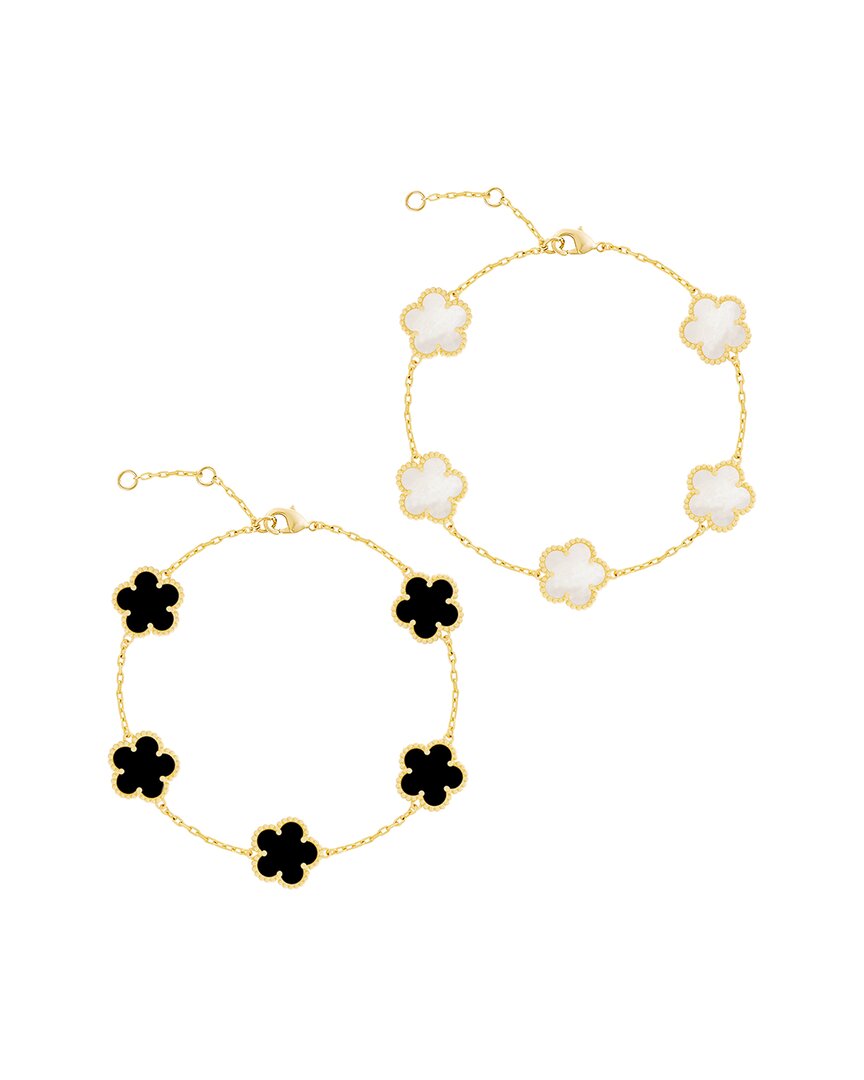 Jankuo Flower 14k Plated Onyx & 15mm Pearl Bracelet Set In Gold