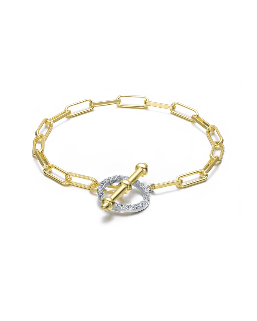 Rachel Glauber Two-tone With Clear Cubic Zirconia Toggle Clasp Link Bracelet In Gold