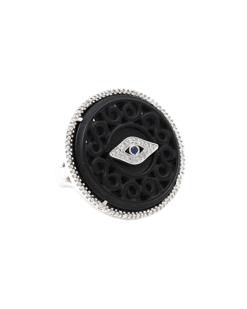 Gemstones Silver 0.11 Ct. Tw. Diamond & Black Agate Evil Eye Ring