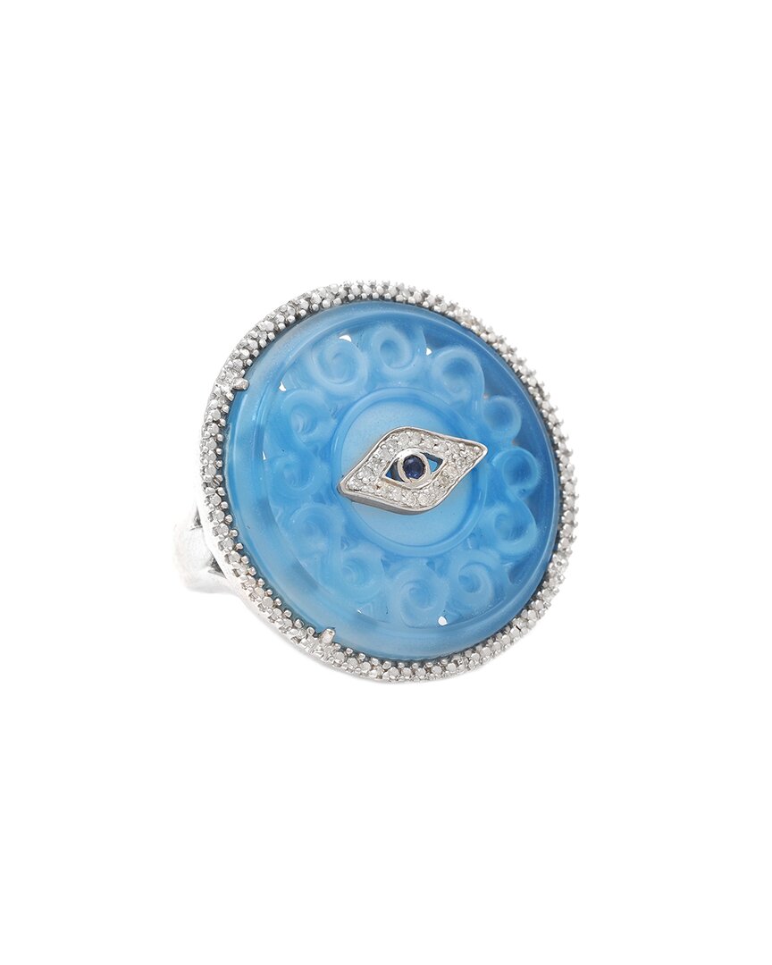 Gemstones Silver 0.11 Ct. Tw. Diamond & Blue Agate Evil Eye Ring