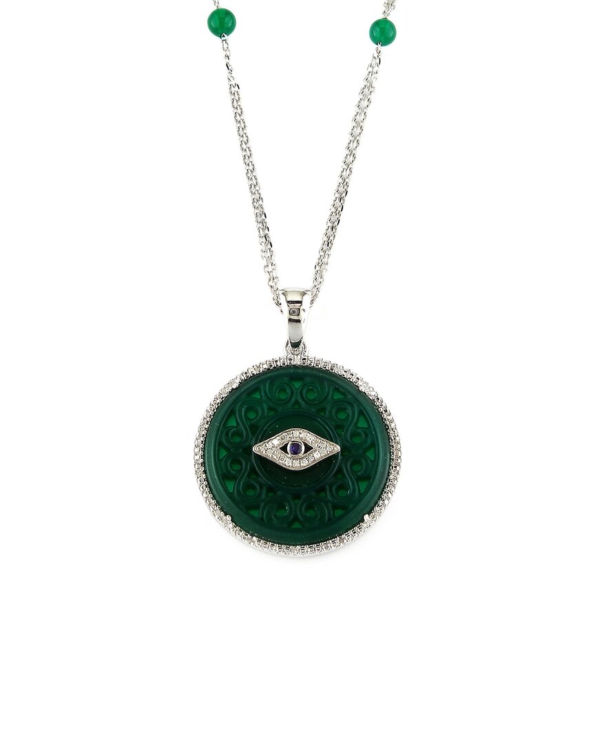 Gemstones Diamond Select Cuts Silver 0.11 Ct. Tw. Diamond & Green Agate Evil Eye Necklace