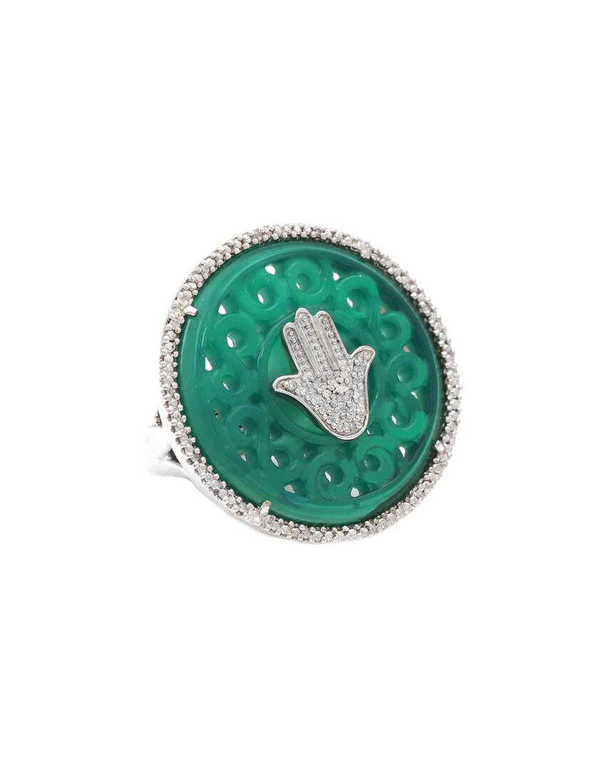 Gemstones Silver 0.11 Ct. Tw. Diamond & Green Agate Hamsa Ring
