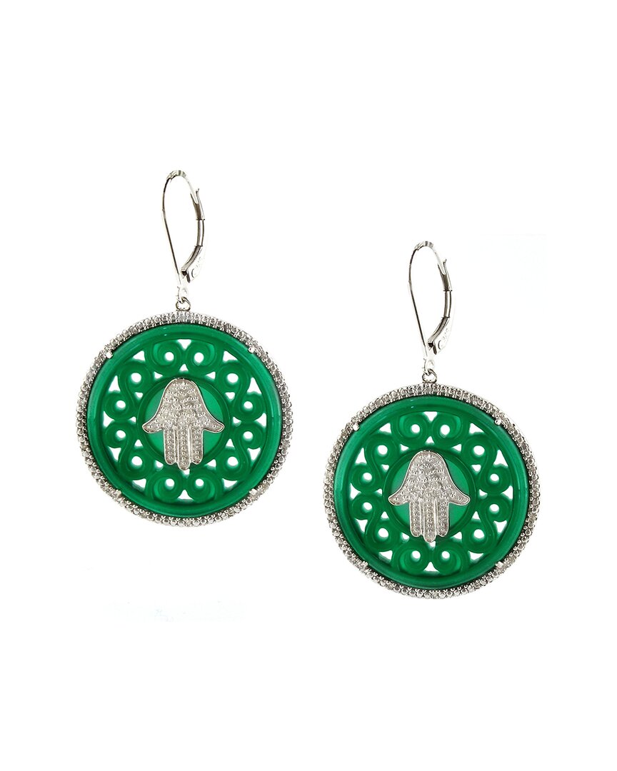 Gemstones Silver 0.22 Ct. Tw. Diamond & Green Agate Hamsa Earrings