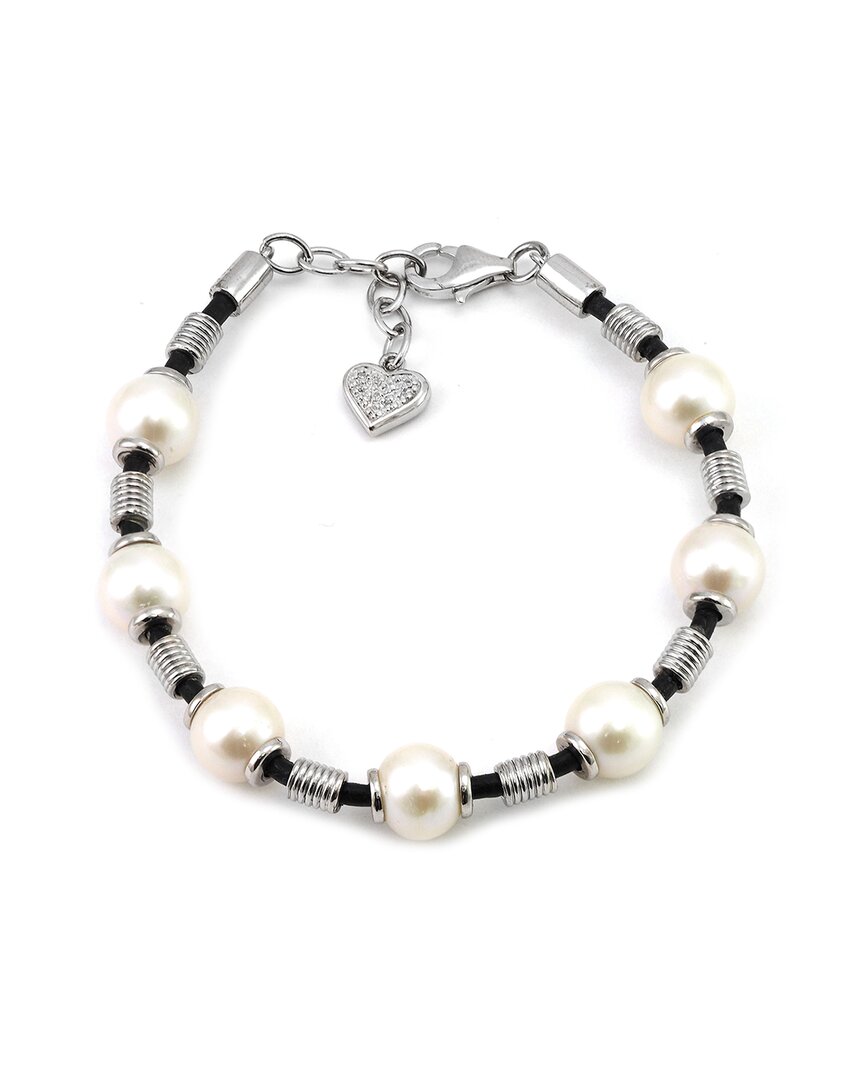 Gemstones Silver Diamond 8-9mm Pearl Leather Bracelet