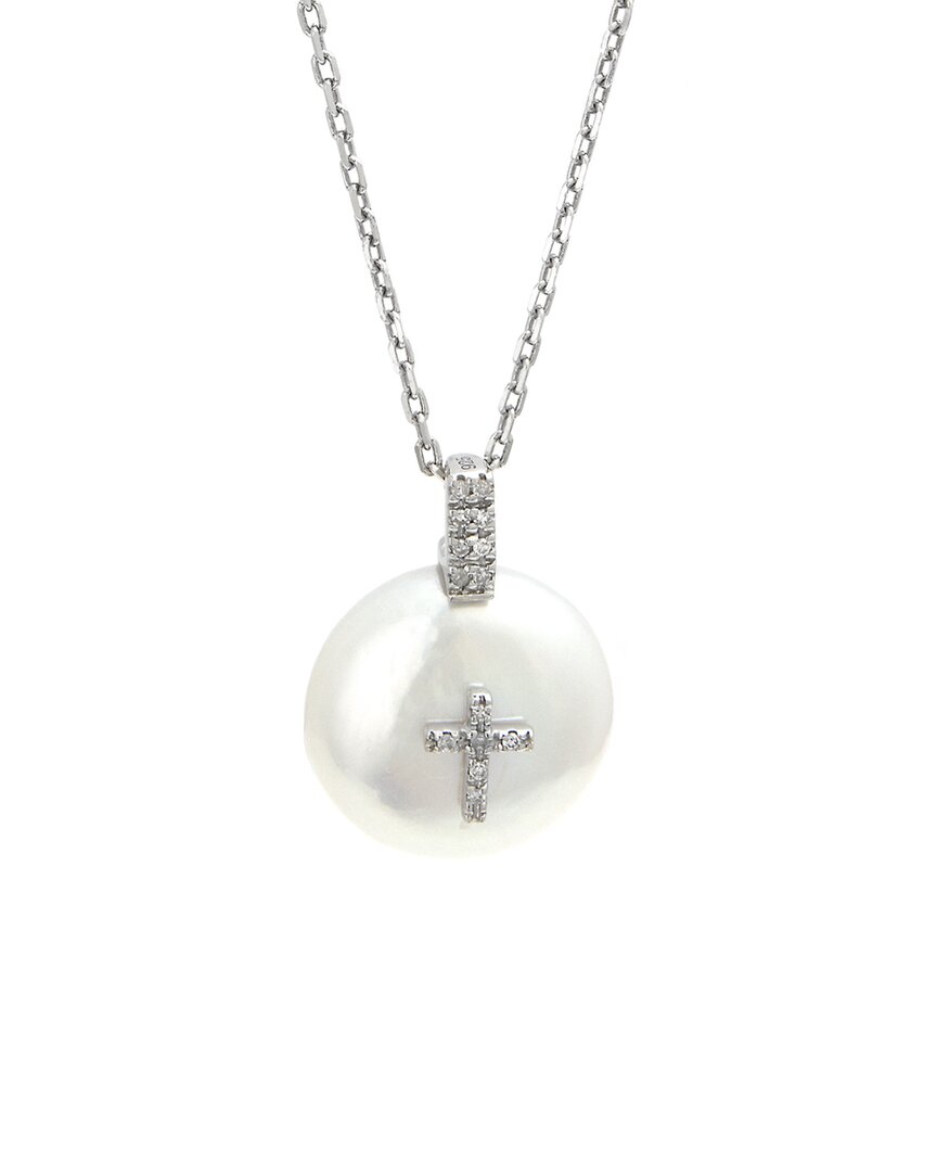 Gemstones Silver Diamond 8-9mm Pearl Cross Necklace