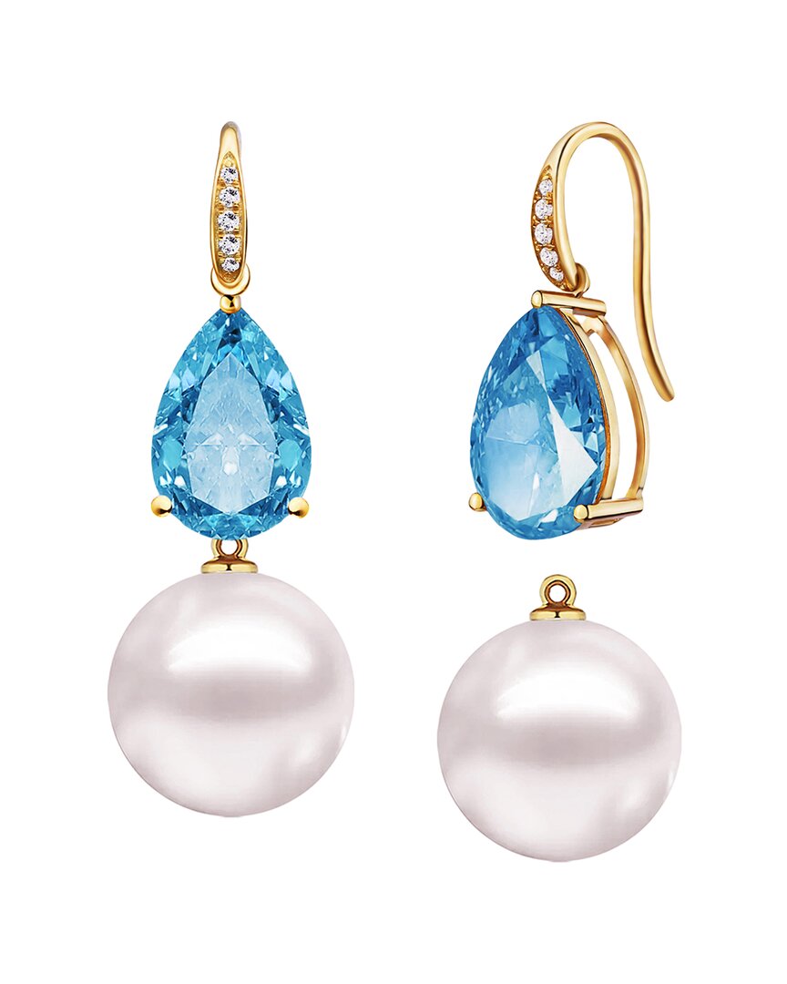 Kai Fine Jewelry 14K 6.25 ct. tw. Diamond & Blue Topaz & 12-13mm Pearl Drop  Earrings