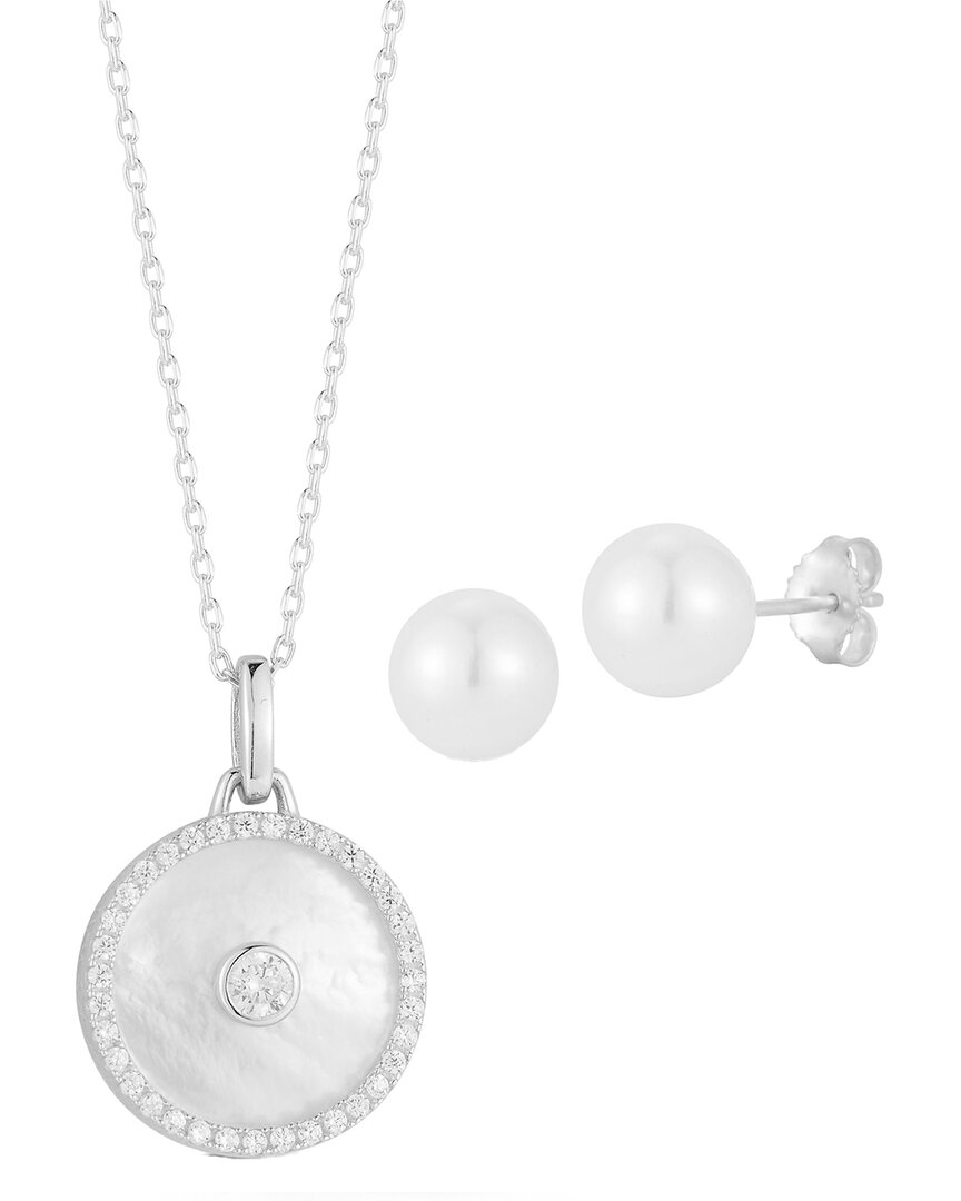 Glaze Jewelry Silver 6mm Pearl CZ Necklace & Earrings Set