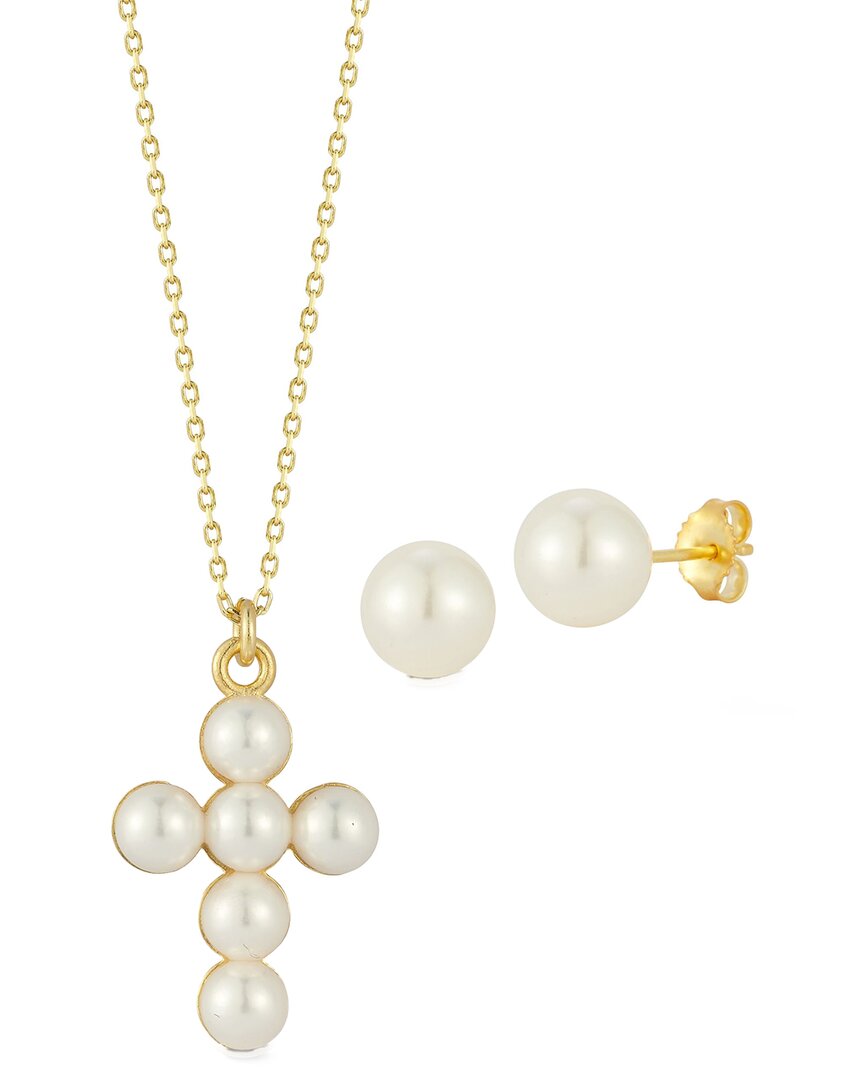 Glaze Jewelry 14K Over Silver 5mm- 6mm Pearl Cross Necklace & Earrings Set