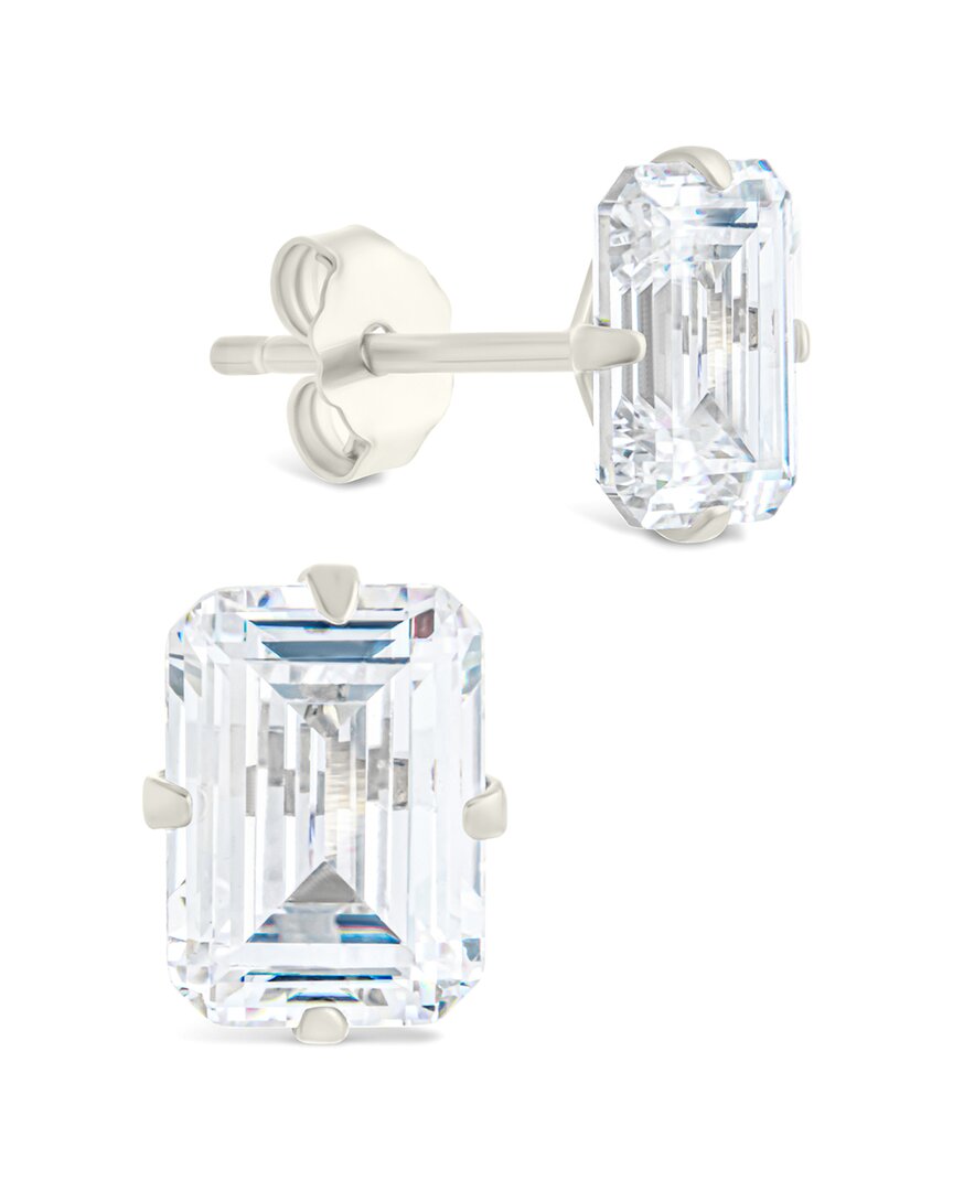 Sterling Forever Silver Cz Emerald Cut Prong Set Stud Earrings