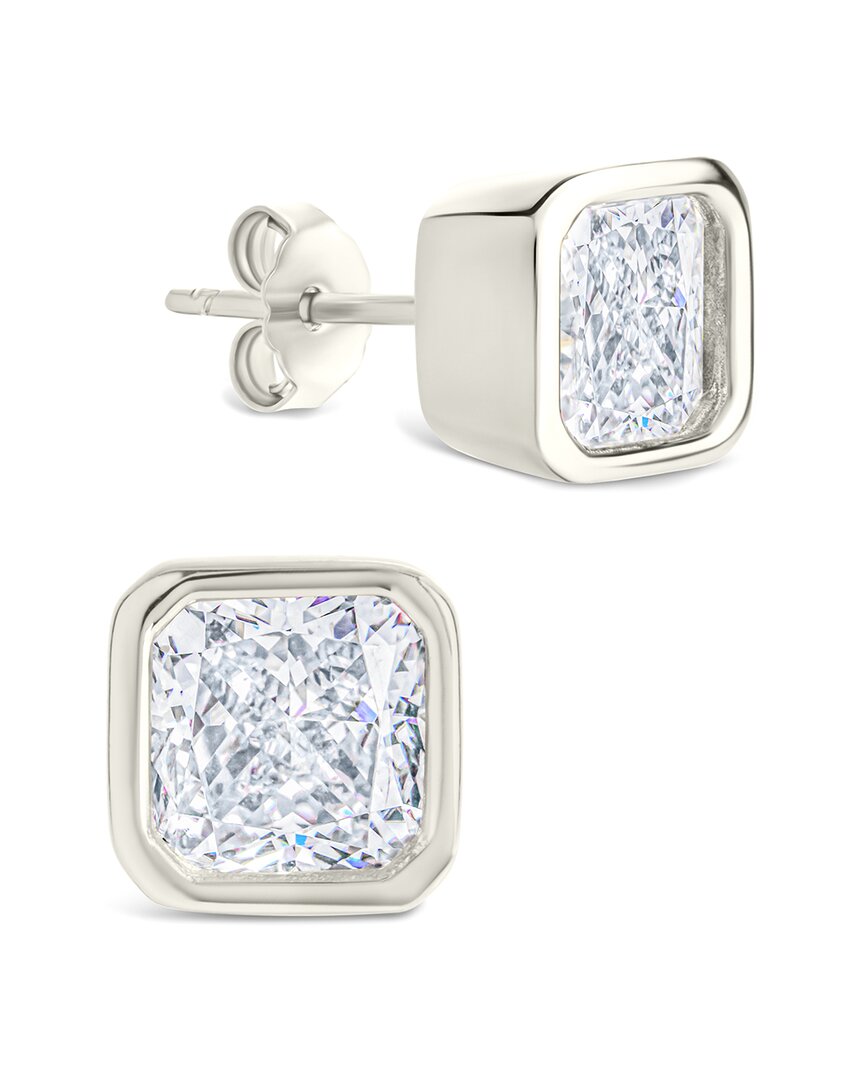 Sterling Forever Silver Cz Cushion Cut Bezel Set Stud Earrings In Metallic