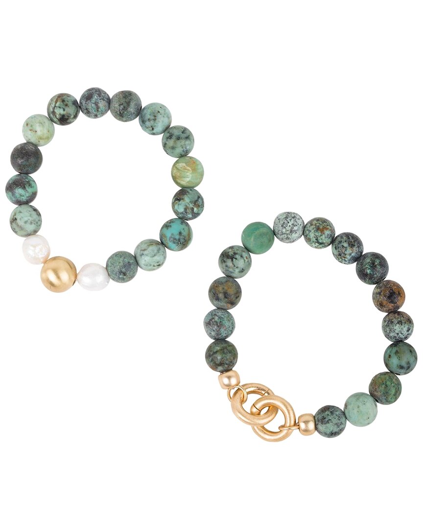 Saachi Eternity Imitation Pearl Beaded Stretch Bracelet In Green