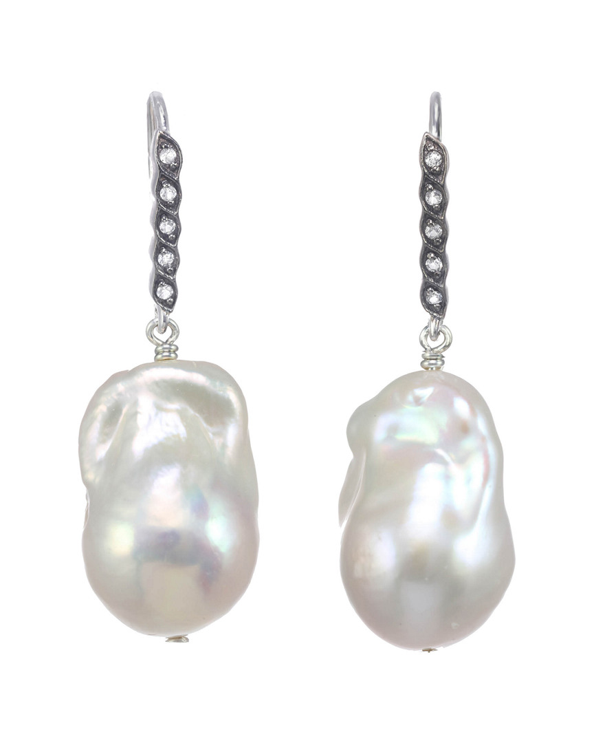 Margo Morrison New York Silver White Sapphire & 13-15mm Pearl Drop Earrings
