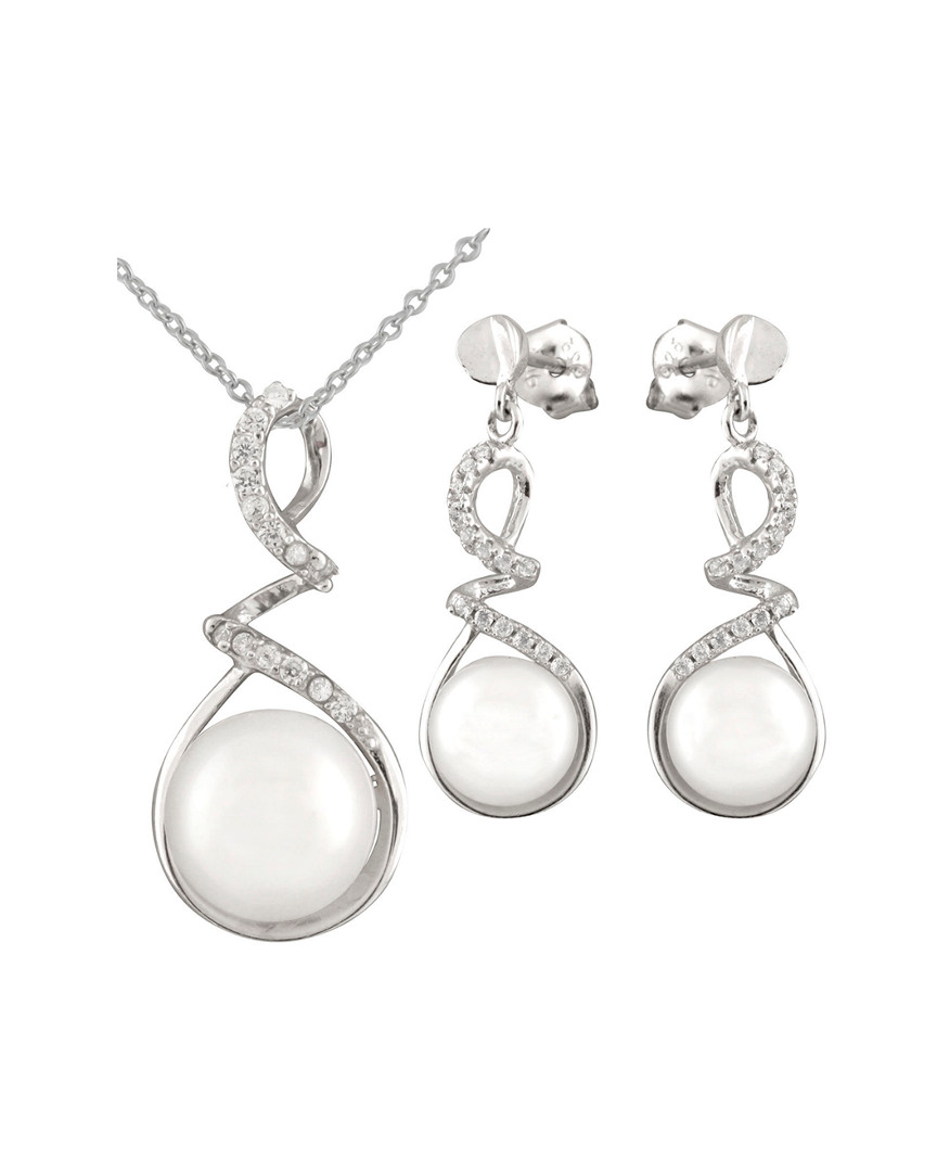 Splendid Pearls Rhodium Plated Silver 7-9mm Pearl Drop Earrings & Necklace Set