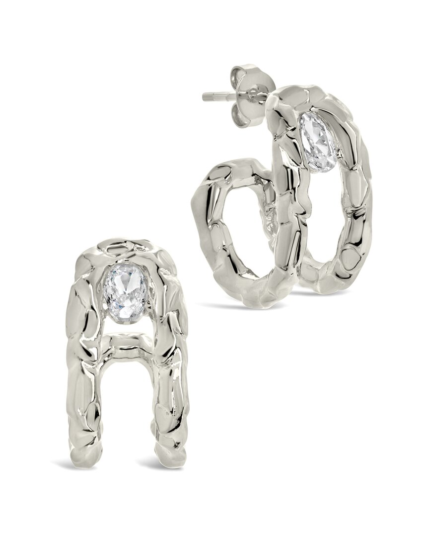 Sterling Forever Cz Mavis Molten Metal Folded Hoop Earrings In Metallic