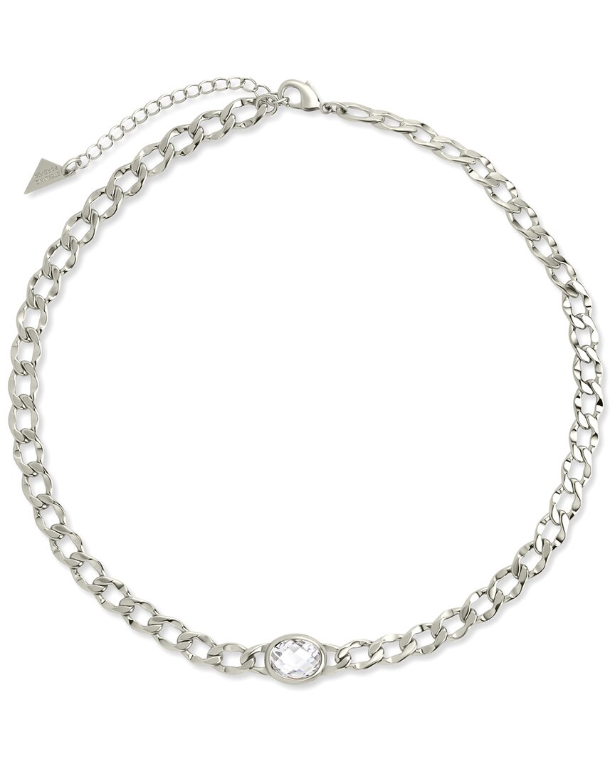 Sterling Forever Rebel Station Cubic Zirconia Curb Chain Necklace In Silver