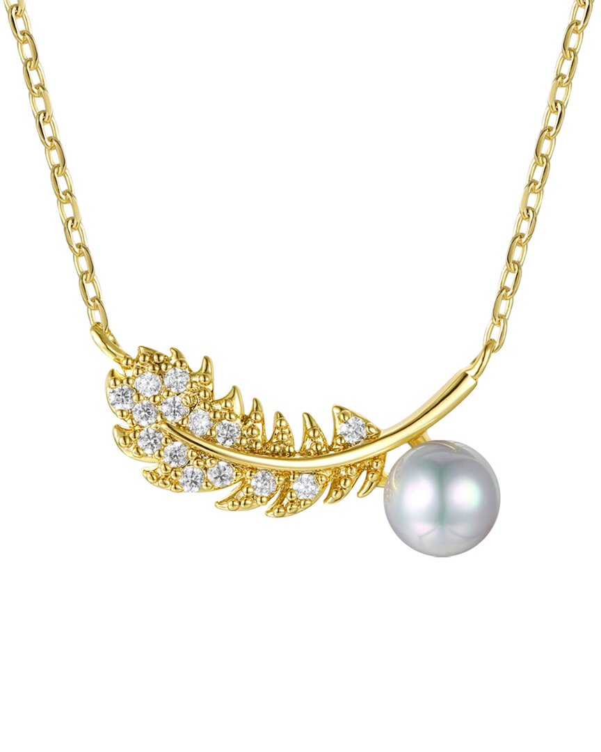 Shop Rachel Glauber 14k Plated 5mm Pearl Cz Leaf Necklace