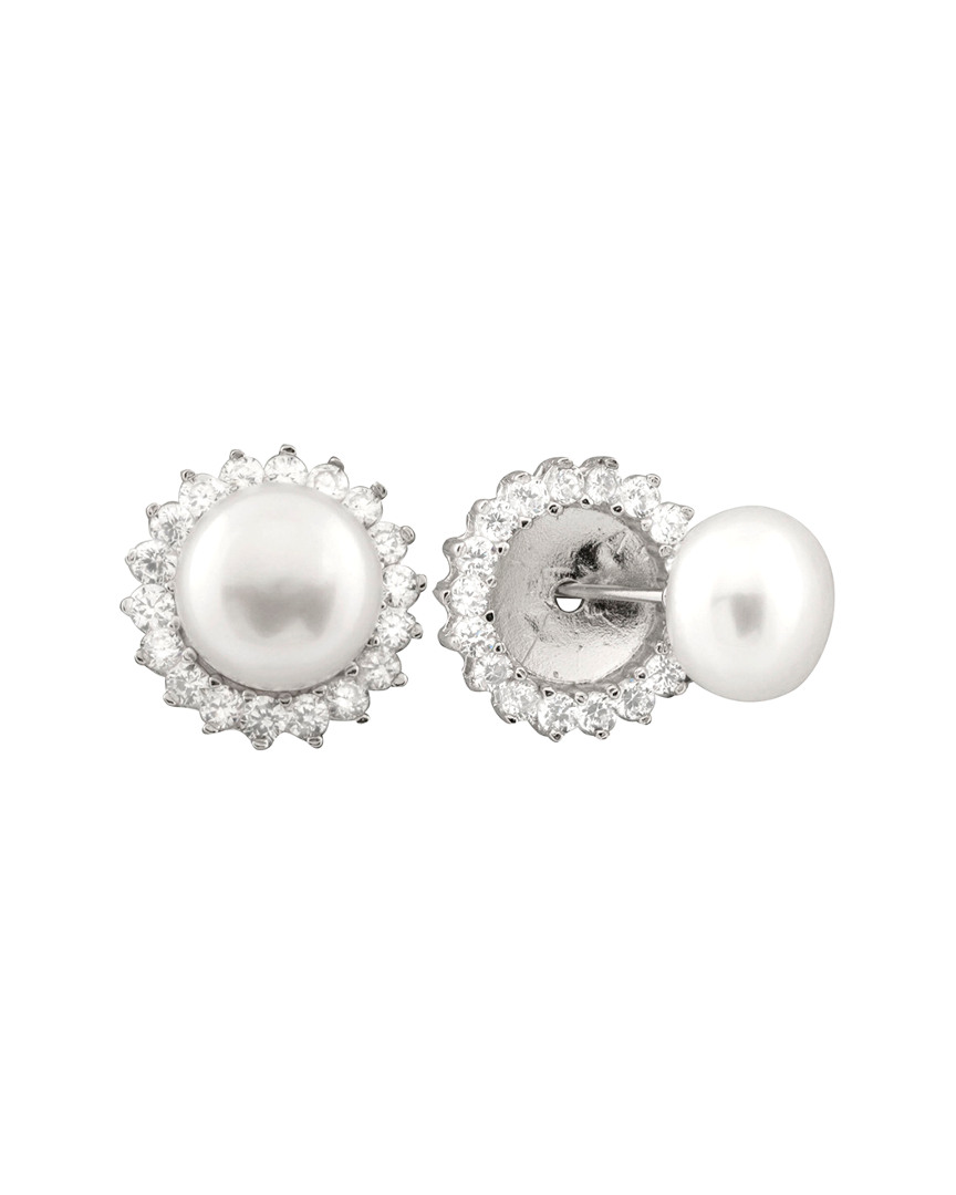 Splendid Pearls Rhodium Plated Silver 8-8.5mm Pearl & Cz Earrings