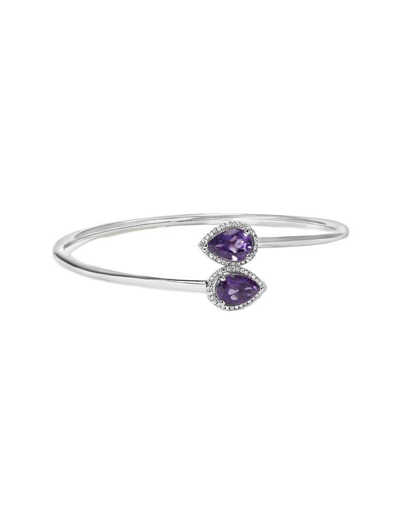 Haus Of Brilliance .925 Sterling Silver 8 X 5.5mm Pear Shape Amethyst And Diamond Accent Halo Bypass Bangle Bracelet In Metallic